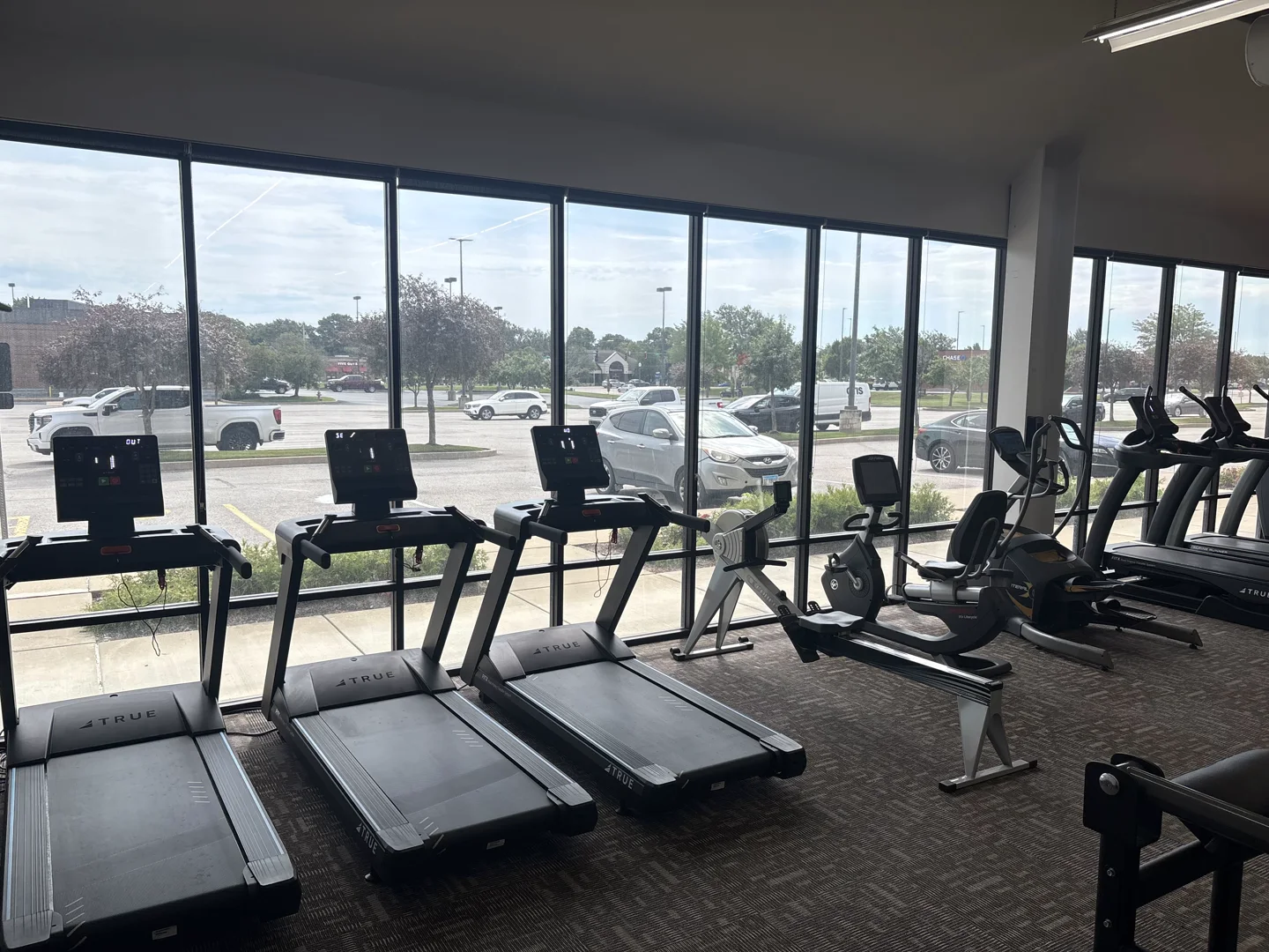TRUE treadmills, rower, and recumbent bike along the front windows at E’ville Fitness